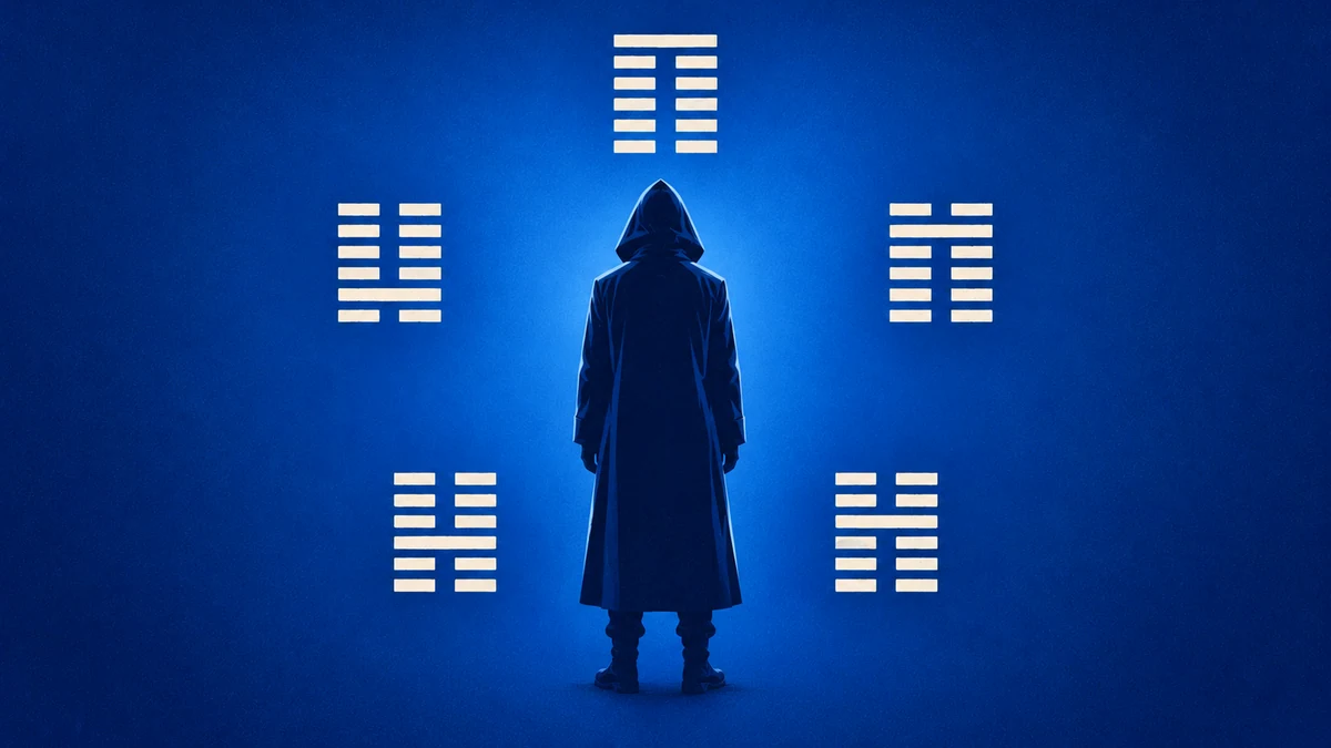 A hooded silhouette surrounded by five pale hexagram symbols against a blue background