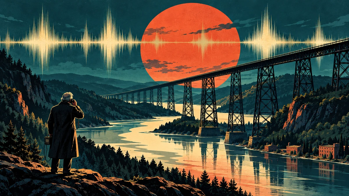 An inventor listening beside a river beneath a bridge, a glowing waveform and an orange sun